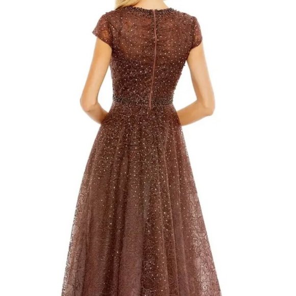Mac Duggal Chocolate Brown Copper Beaded Floral Cap Sleeve Gown - Picture 3 of 5
